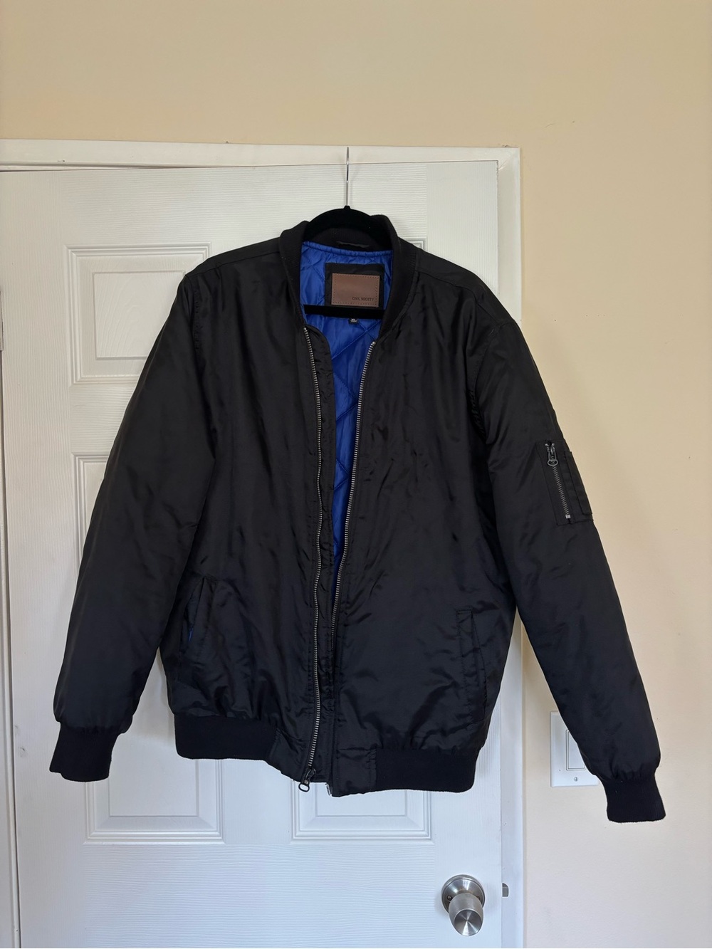 Men's Black Bomber Jacket with Blue Quilted Lining
